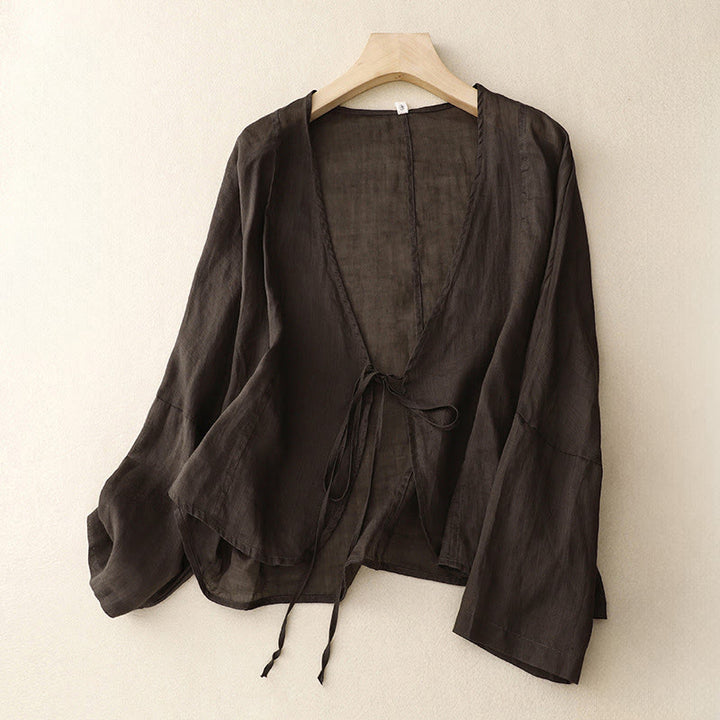 Buddha Stones Sommerlicher, schlichter Kimono für Damen mit langen Ärmeln, Schnürung und offener Vorderseite - Sattelbraun - US12, UK/AU16, EU44 (XL) - image 12