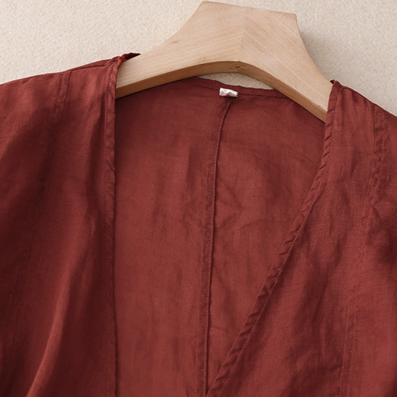 Buddha Stones Sommerlicher, schlichter Kimono für Damen mit langen Ärmeln, Schnürung und offener Vorderseite - image 1