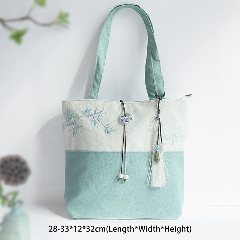 Birnenblume, Pflaume, Pfirsichblüte, Bambus-Stickerei, Segeltuch, großes Fassungsvermögen, Umhängetasche, Einkaufstasche - image 1