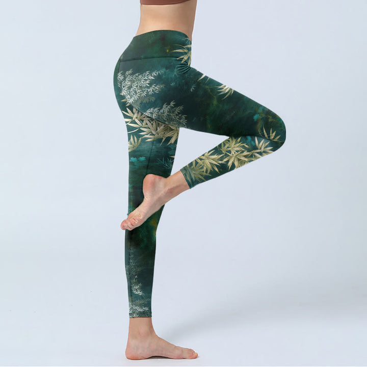 Buddha Stones Elegante Leggings mit Bambusblattmuster – Sport- und Yogahosen für Damen - image 3