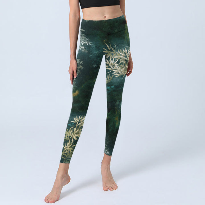 Buddha Stones Elegante Leggings mit Bambusblattmuster – Sport- und Yogahosen für Damen - image 5