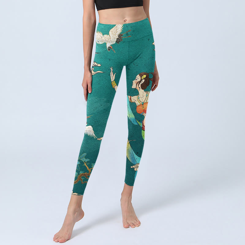 Buddha Stones Elegante Leggings mit Feen-Kranich-Wolken-Kiefern-Muster, Damen-Yogahose - image 5