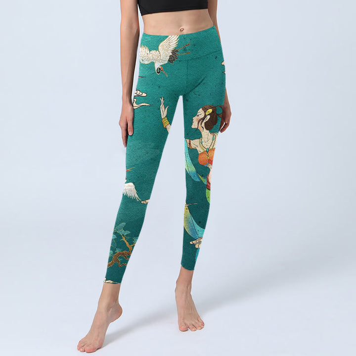 Buddha Stones Elegante Leggings mit Feen-Kranich-Wolken-Kiefern-Muster, Damen-Yogahose - image 5