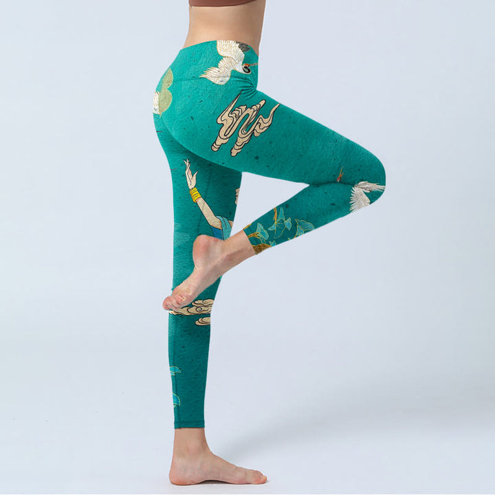 Buddha Stones Elegante Leggings mit Feen-Kranich-Wolken-Kiefern-Muster, Damen-Yogahose - image 3