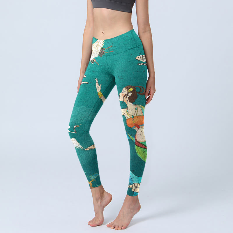 Buddha Stones Elegante Leggings mit Feen-Kranich-Wolken-Kiefern-Muster, Damen-Yogahose - Hellseegrün - US18, UK/AU22, EU50 (4XL) - image 0