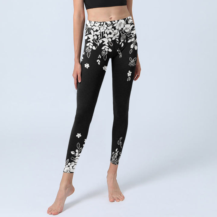 Buddha Stones Leggings mit kontrastierendem Blumenmuster in Schwarz und Weiß, Damen-Yogahose - image 5