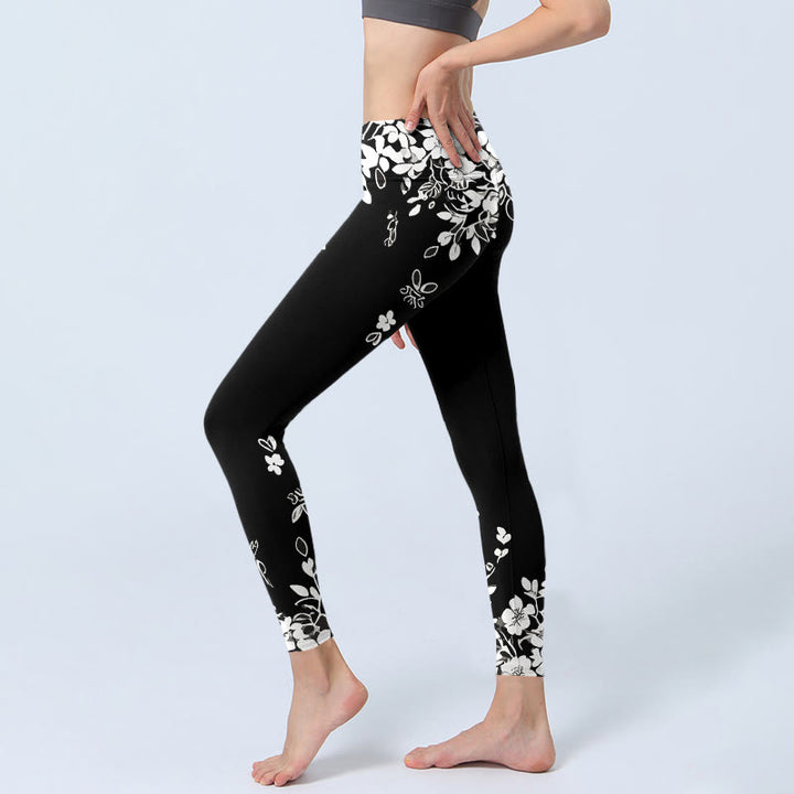 Buddha Stones Leggings mit kontrastierendem Blumenmuster in Schwarz und Weiß, Damen-Yogahose - image 2