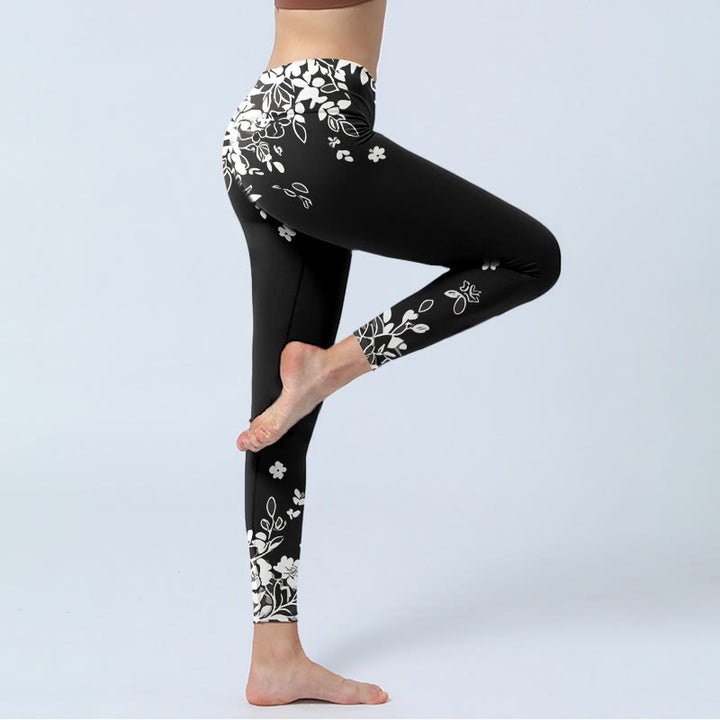 Buddha Stones Leggings mit kontrastierendem Blumenmuster in Schwarz und Weiß, Damen-Yogahose - image 3