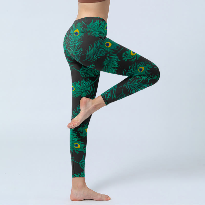 Buddha Stones Leggings mit Retro-Pfauenfedermuster, Yogahose für Damen - image 3