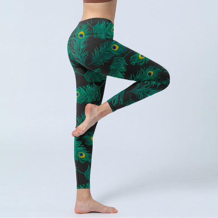 Buddha Stones Leggings mit Retro-Pfauenfedermuster, Yogahose für Damen - image 3