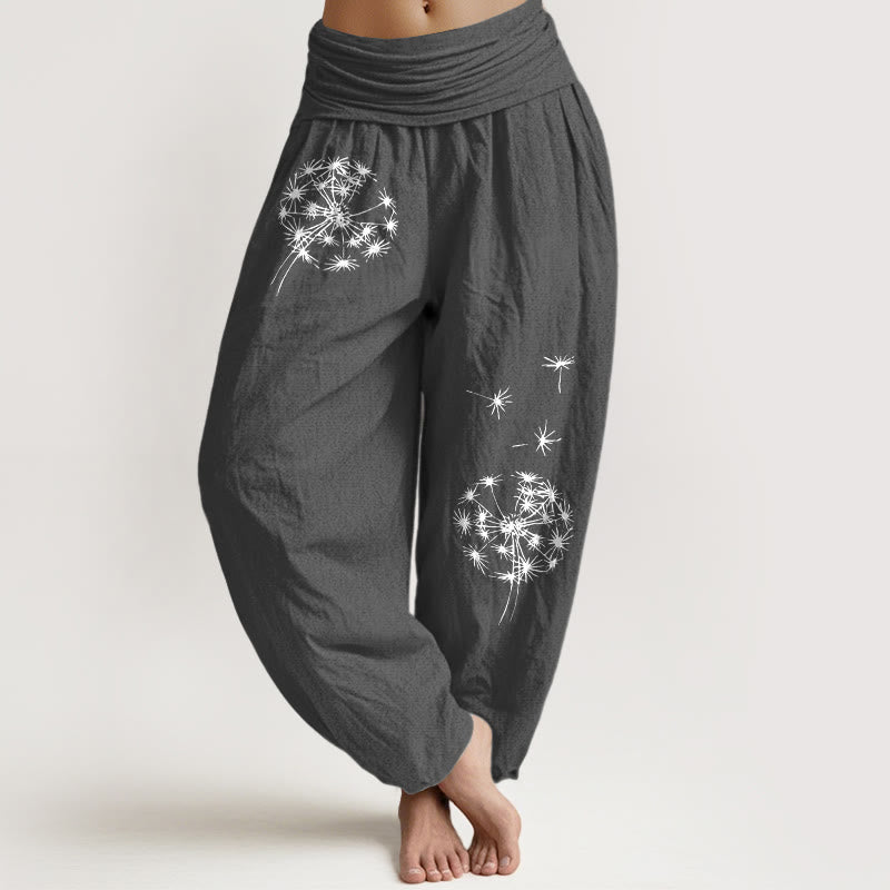Buddha Stones Damen-Haremshose aus reiner Baumwolle mit schlichtem Löwenzahnmuster und elastischem Bund - DimGray - US16, UK/AU20, EU48 (3XL) - image 0