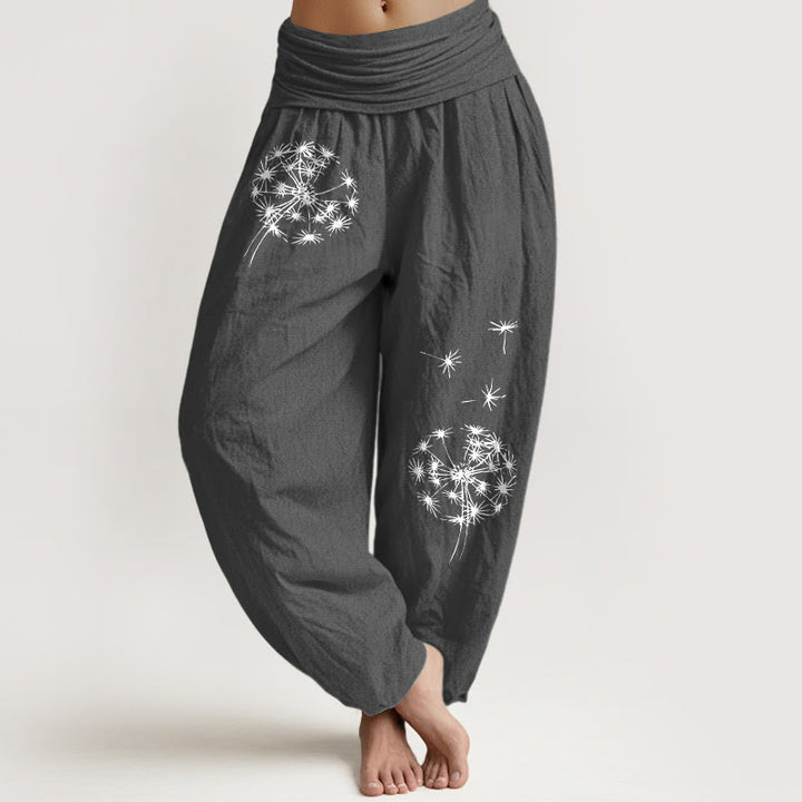 Buddha Stones Damen-Haremshose aus reiner Baumwolle mit schlichtem Löwenzahnmuster und elastischem Bund - DimGray - US16, UK/AU20, EU48 (3XL) - image 0