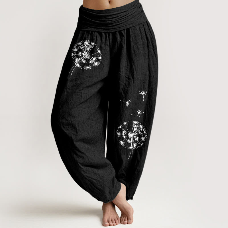 Buddha Stones Damen-Haremshose aus reiner Baumwolle mit schlichtem Löwenzahnmuster und elastischem Bund - Schwarz - US16, UK/AU20, EU48 (3XL) - image 5