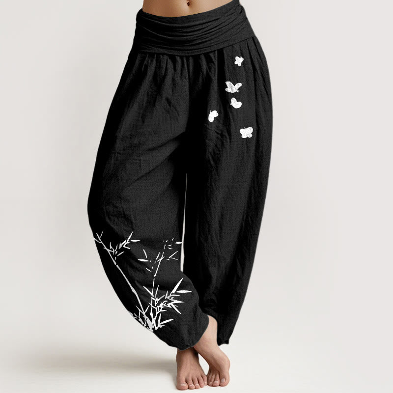 Buddha Stones Damen-Haremshose aus reiner Baumwolle mit schlichtem Bambus-Schmetterlingsmuster und elastischem Bund - Schwarz - US16, UK/AU20, EU48 (3XL) - image 0
