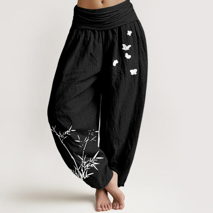 Buddha Stones Damen-Haremshose aus reiner Baumwolle mit schlichtem Bambus-Schmetterlingsmuster und elastischem Bund - Schwarz - US16, UK/AU20, EU48 (3XL) - image 0