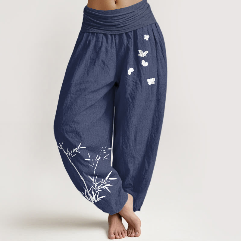Buddha Stones Damen-Haremshose aus reiner Baumwolle mit schlichtem Bambus-Schmetterlingsmuster und elastischem Bund - Dunkelschieferblau - US16, UK/AU20, EU48 (3XL) - image 5