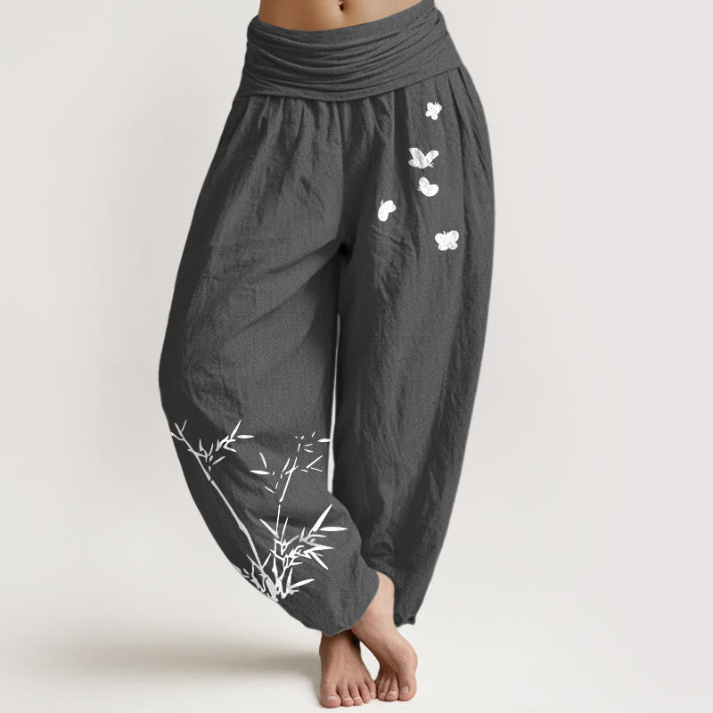 Buddha Stones Damen-Haremshose aus reiner Baumwolle mit schlichtem Bambus-Schmetterlingsmuster und elastischem Bund - DimGray - US16, UK/AU20, EU48 (3XL) - image 8