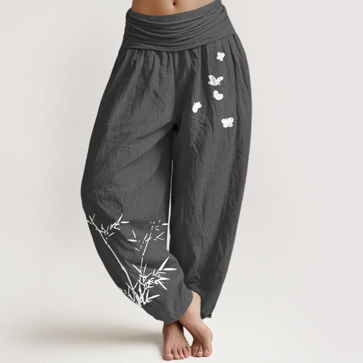 Buddha Stones Damen-Haremshose aus reiner Baumwolle mit schlichtem Bambus-Schmetterlingsmuster und elastischem Bund - DimGray - US16, UK/AU20, EU48 (3XL) - image 8