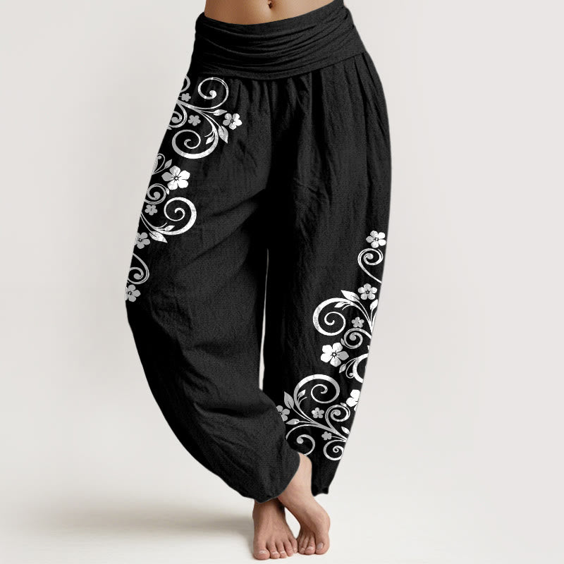 Buddha Stones Elegante Haremshose aus reiner Baumwolle mit Ranken- und Blumenmuster, elastischer Bund für Damen - Schwarz - US16, UK/AU20, EU48 (3XL) - image 0