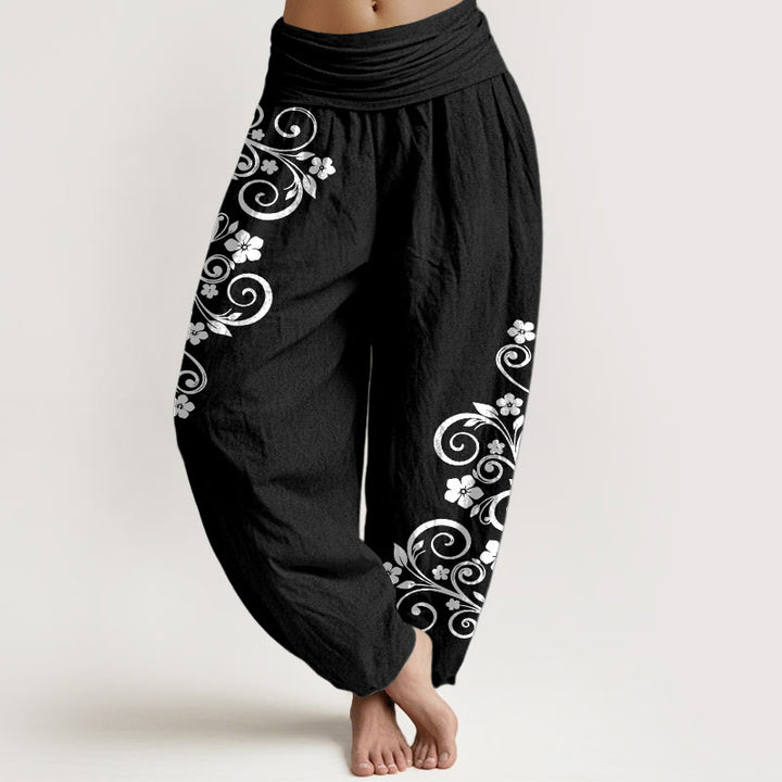 Buddha Stones Elegante Haremshose aus reiner Baumwolle mit Ranken- und Blumenmuster, elastischer Bund für Damen - Schwarz - US16, UK/AU20, EU48 (3XL) - image 0