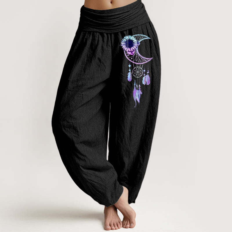 Buddha Stones Elegante Haremshose aus reiner Baumwolle mit Mondblumen- und Federmuster, elastischem Bund - Schwarz - US16, UK/AU20, EU48 (3XL) - image 0