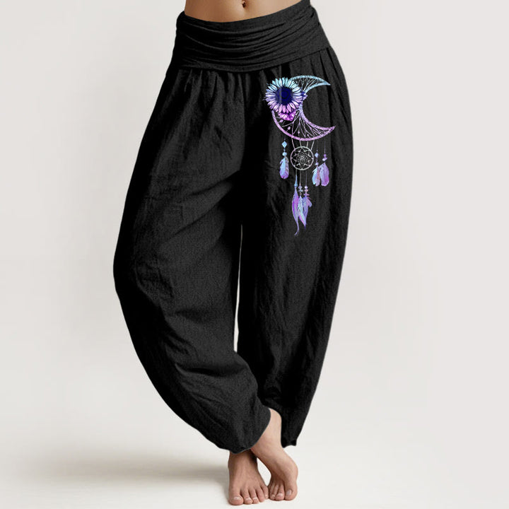 Buddha Stones Elegante Haremshose aus reiner Baumwolle mit Mondblumen- und Federmuster, elastischem Bund - Schwarz - US16, UK/AU20, EU48 (3XL) - image 0