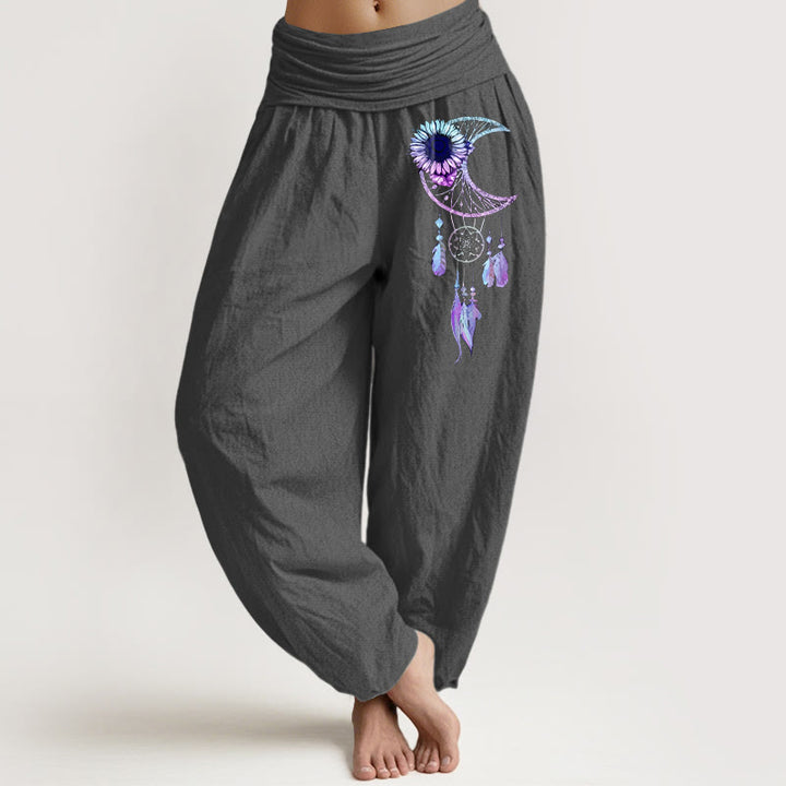 Buddha Stones Elegante Haremshose aus reiner Baumwolle mit Mondblumen- und Federmuster, elastischem Bund - DimGray - US16, UK/AU20, EU48 (3XL) - image 8