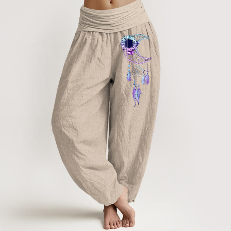 Buddha Stones Elegante Haremshose aus reiner Baumwolle mit Mondblumen- und Federmuster, elastischem Bund - Bräunen - US16, UK/AU20, EU48 (3XL) - image 11