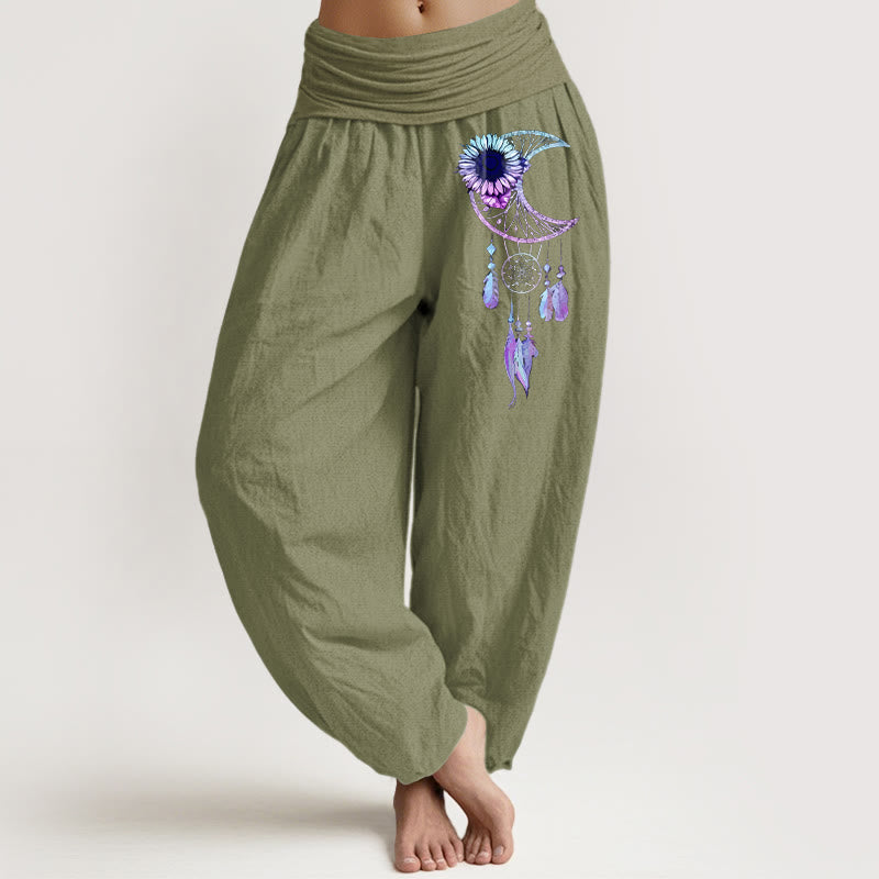 Buddha Stones Elegante Haremshose aus reiner Baumwolle mit Mondblumen- und Federmuster, elastischem Bund - Olivgrün - US16, UK/AU20, EU48 (3XL) - image 14