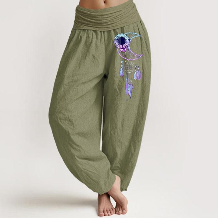 Buddha Stones Elegante Haremshose aus reiner Baumwolle mit Mondblumen- und Federmuster, elastischem Bund - Olivgrün - US16, UK/AU20, EU48 (3XL) - image 14