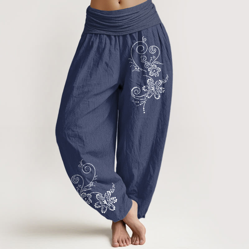 Buddha Stones Damen-Haremshose aus reiner Baumwolle mit gepunktetem Ranken- und Blumenmuster, elastischer Bund - Dunkelschieferblau - US16, UK/AU20, EU48 (3XL) - image 0