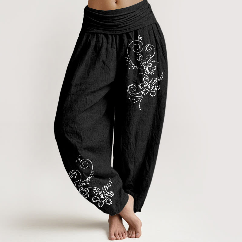 Buddha Stones Damen-Haremshose aus reiner Baumwolle mit gepunktetem Ranken- und Blumenmuster, elastischer Bund - Schwarz - US16, UK/AU20, EU48 (3XL) - image 5