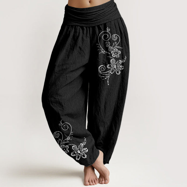 Buddha Stones Damen-Haremshose aus reiner Baumwolle mit gepunktetem Ranken- und Blumenmuster, elastischer Bund - Schwarz - US16, UK/AU20, EU48 (3XL) - image 5