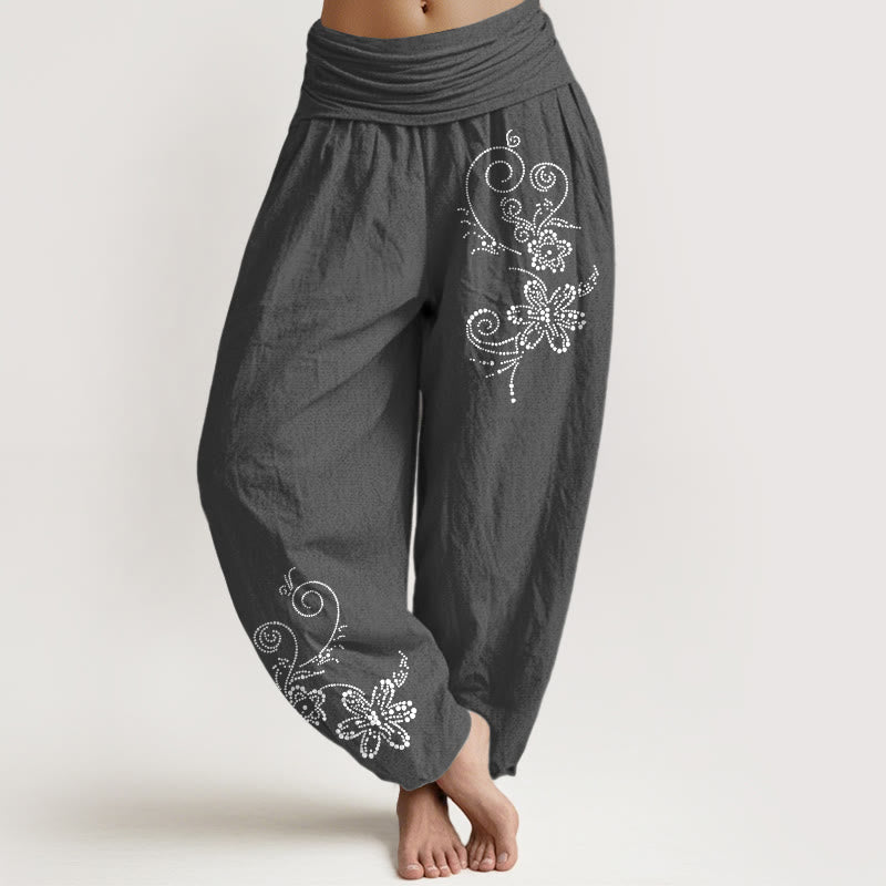 Buddha Stones Damen-Haremshose aus reiner Baumwolle mit gepunktetem Ranken- und Blumenmuster, elastischer Bund - DimGray - US16, UK/AU20, EU48 (3XL) - image 8
