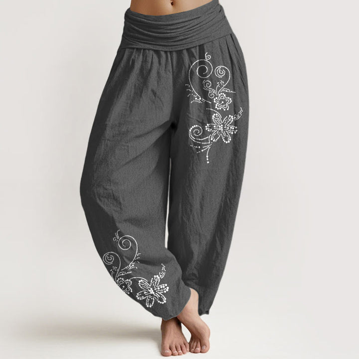 Buddha Stones Damen-Haremshose aus reiner Baumwolle mit gepunktetem Ranken- und Blumenmuster, elastischer Bund - DimGray - US16, UK/AU20, EU48 (3XL) - image 8