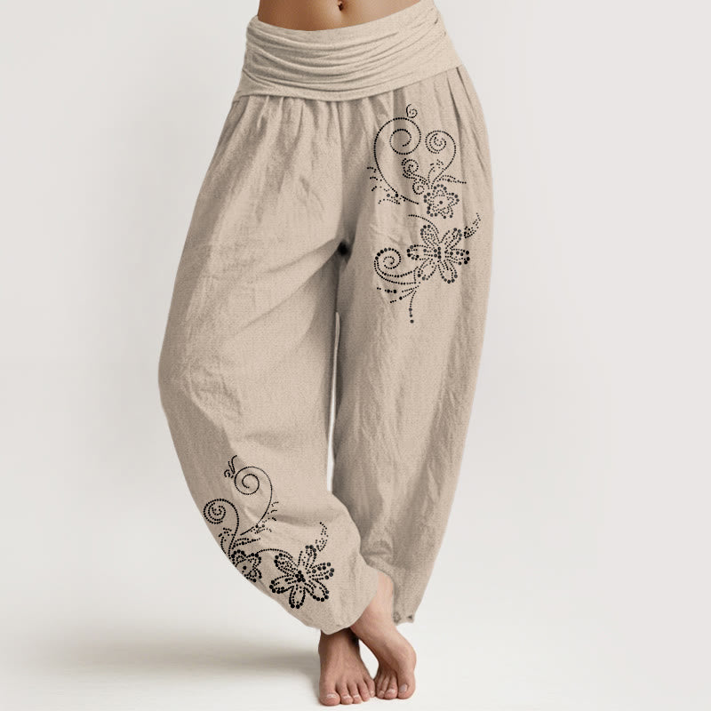 Buddha Stones Damen-Haremshose aus reiner Baumwolle mit gepunktetem Ranken- und Blumenmuster, elastischer Bund - Bräunen - US16, UK/AU20, EU48 (3XL) - image 11