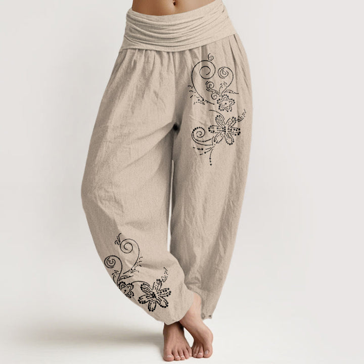 Buddha Stones Damen-Haremshose aus reiner Baumwolle mit gepunktetem Ranken- und Blumenmuster, elastischer Bund - Bräunen - US16, UK/AU20, EU48 (3XL) - image 11