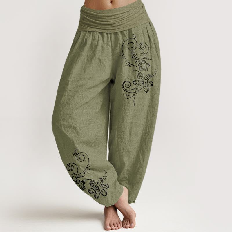 Buddha Stones Damen-Haremshose aus reiner Baumwolle mit gepunktetem Ranken- und Blumenmuster, elastischer Bund - Olivgrün - US16, UK/AU20, EU48 (3XL) - image 14