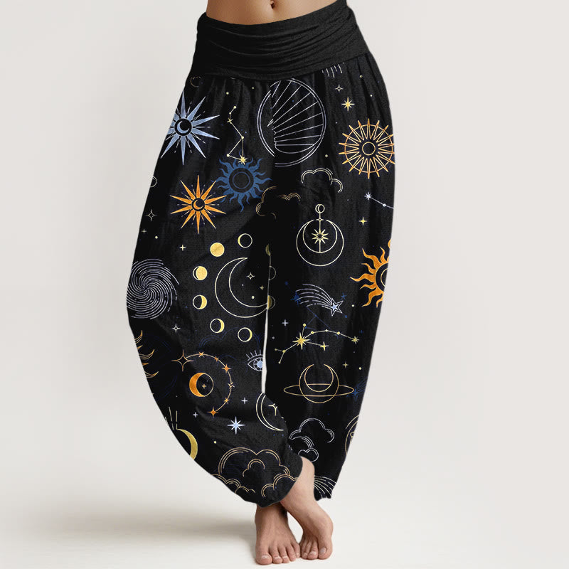 Buddha Stones Baumwoll-Haremshose mit Mond-, Sonnen-, Wolken- und Sternenmuster, elastischem Bund für Damen - Schwarz - US16, UK/AU20, EU48 (3XL) - image 8