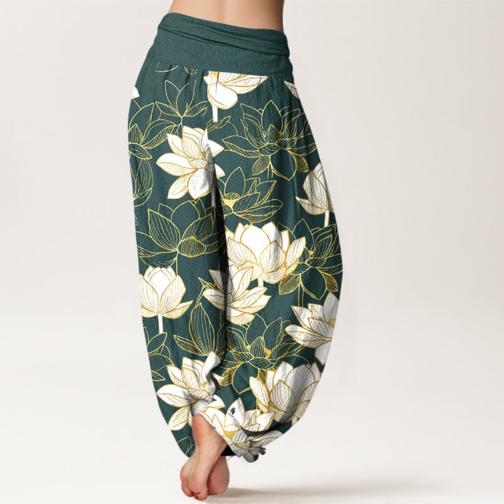Buddha Stones Elegante, raffinierte Haremshose aus Baumwolle mit Lotusblumenmuster und elastischem Bund für Damen - image 1