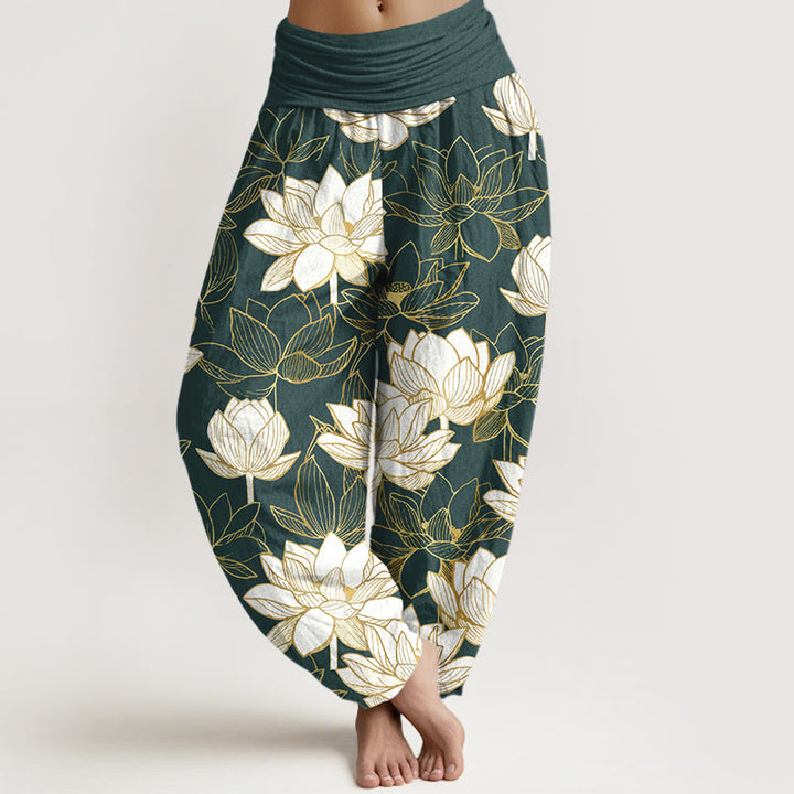 Buddha Stones Elegante, raffinierte Haremshose aus Baumwolle mit Lotusblumenmuster und elastischem Bund für Damen - Dunkelgrün - US16, UK/AU20, EU48 (3XL) - image 0