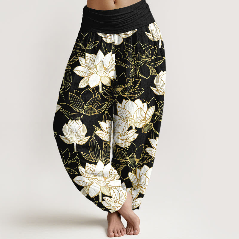 Buddha Stones Elegante, raffinierte Haremshose aus Baumwolle mit Lotusblumenmuster und elastischem Bund für Damen - Schwarz - US16, UK/AU20, EU48 (3XL) - image 5