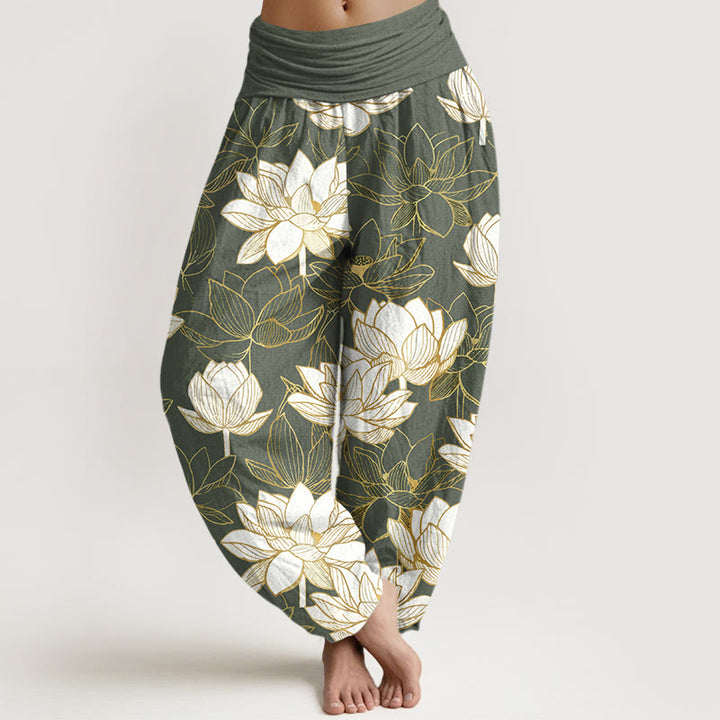 Buddha Stones Elegante, raffinierte Haremshose aus Baumwolle mit Lotusblumenmuster und elastischem Bund für Damen - Olivgrün - US16, UK/AU20, EU48 (3XL) - image 8