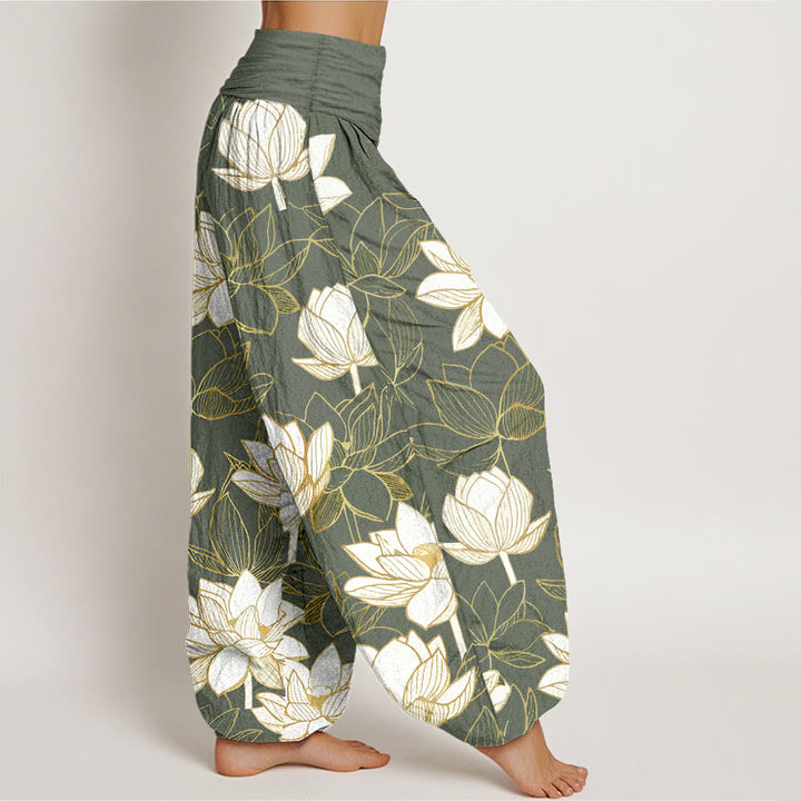 Buddha Stones Elegante, raffinierte Haremshose aus Baumwolle mit Lotusblumenmuster und elastischem Bund für Damen - image 10