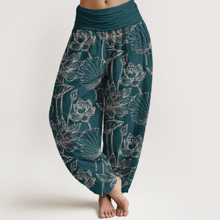 Buddha Stones Elegante, raffinierte Haremshose aus Baumwolle mit Lotusblüten- und Blattmuster sowie elastischem Bund für Damen - Türkis - US16, UK/AU20, EU48 (3XL) - image 0