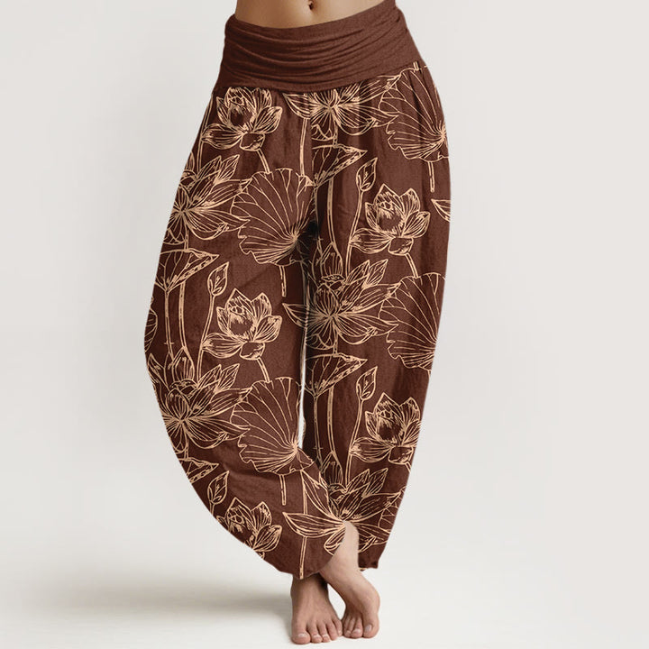 Buddha Stones Elegante, raffinierte Haremshose aus Baumwolle mit Lotusblüten- und Blattmuster sowie elastischem Bund für Damen - Braun - US16, UK/AU20, EU48 (3XL) - image 5