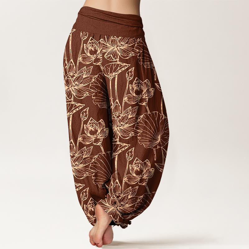Buddha Stones Elegante, raffinierte Haremshose aus Baumwolle mit Lotusblüten- und Blattmuster sowie elastischem Bund für Damen - image 7