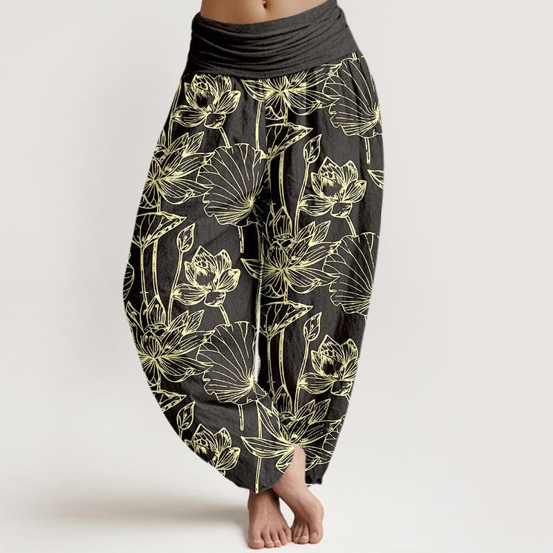 Buddha Stones Elegante, raffinierte Haremshose aus Baumwolle mit Lotusblüten- und Blattmuster sowie elastischem Bund für Damen - Schwarz - US16, UK/AU20, EU48 (3XL) - image 8
