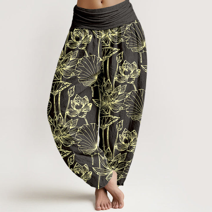Buddha Stones Elegante, raffinierte Haremshose aus Baumwolle mit Lotusblüten- und Blattmuster sowie elastischem Bund für Damen - Schwarz - US16, UK/AU20, EU48 (3XL) - image 8