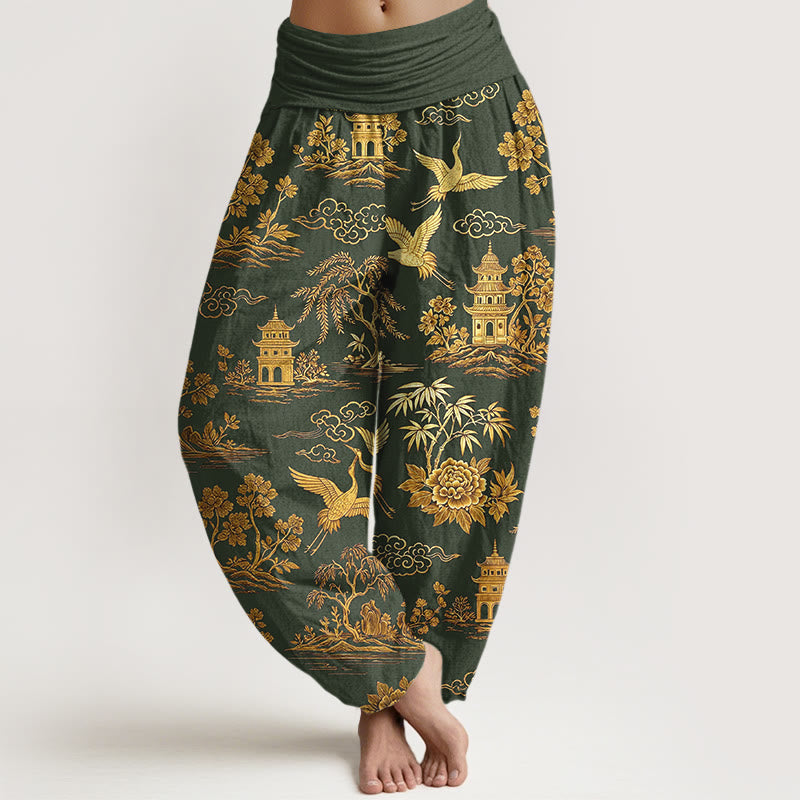 Buddha Stones Wunderschöne Haremshose aus Baumwolle mit Baum-, Kranich-, Architektur-, Wolken- und Pfingstrosenmuster sowie elastischem Bund. - Dunkelolivgrün - US16, UK/AU20, EU48 (3XL) - image 5